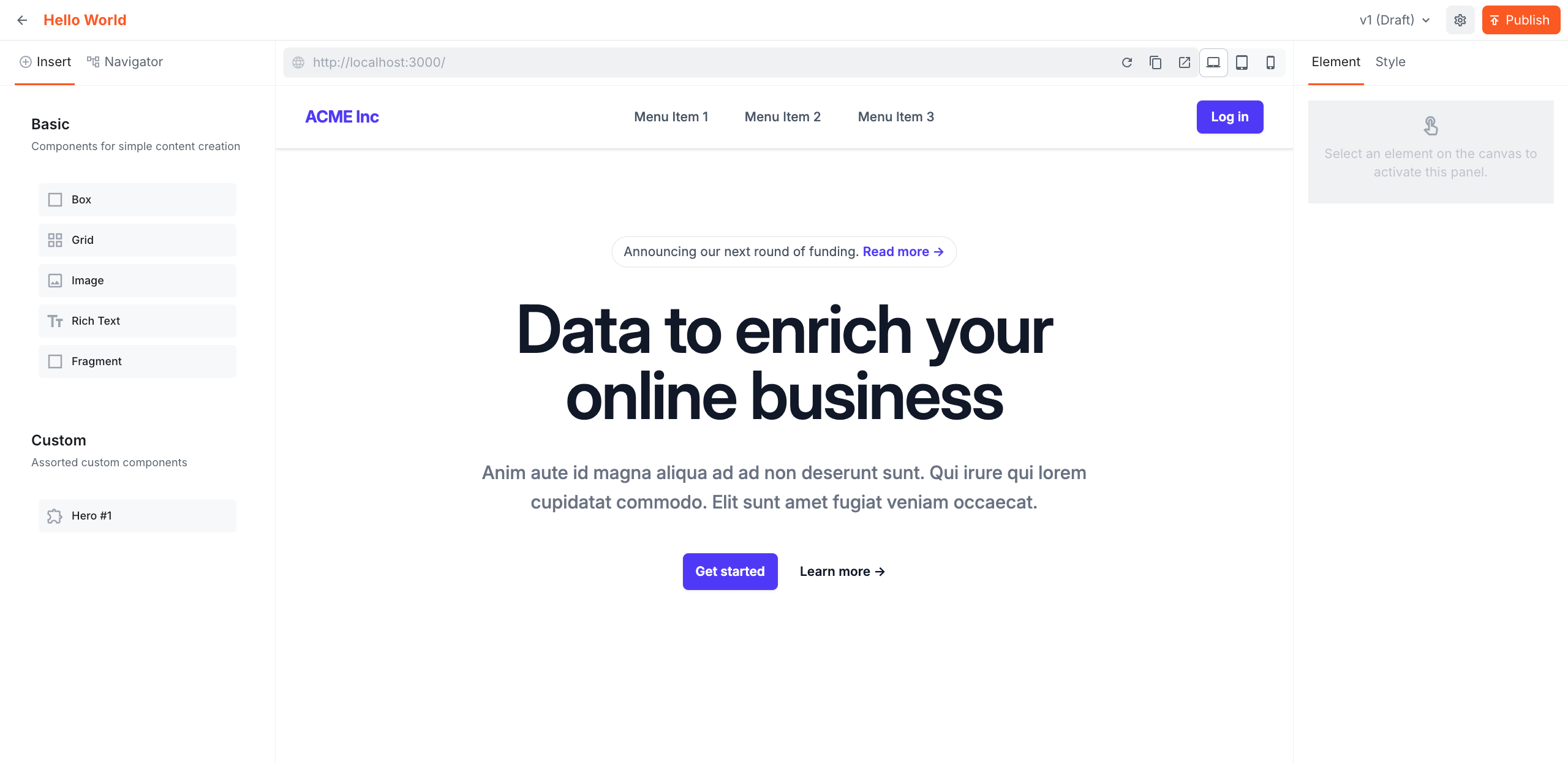 Website Builder editor with the Hero #1 component on the canvas